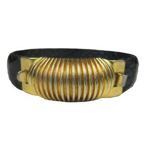 SCA-TEL Bracelet Goldtone Signed Clasp Firenze Italy Faux Snakeskin Black